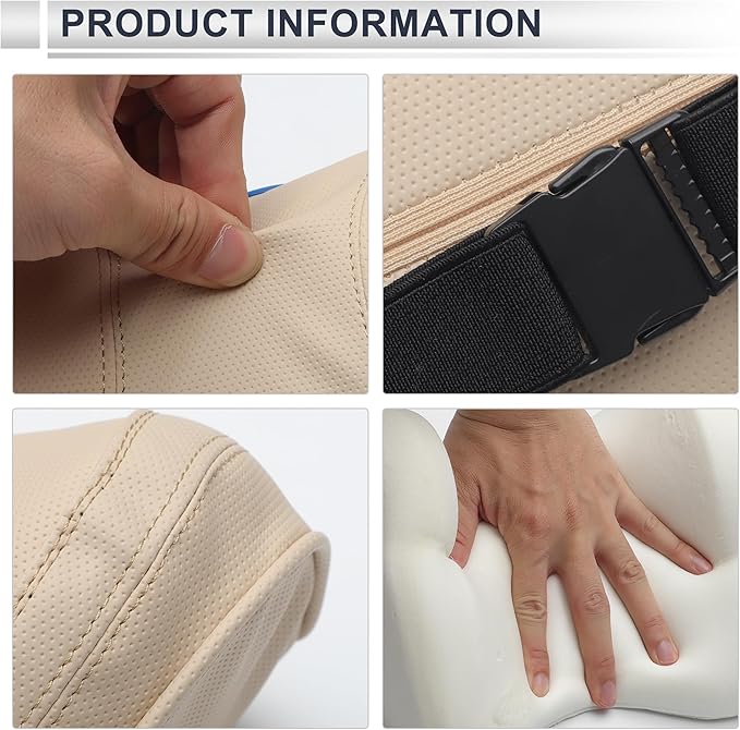 Car Headrest Pillow Ergonomic Comfortable Neck Support Pillow Nappa Leather and Memory Foam Adjustable Width Creamy White 1 Pcs for Driving Travel