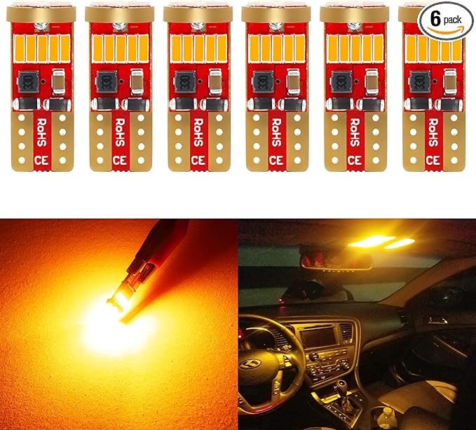 PHINLION 194 Amber Yellow LED Bulbs Super Bright Miniature 168 12961 12396 T10 WY5W Wedge Replacement for Interior Dome Map Parking Side Marker Mirror Turn Signal Lights, Pack of 6