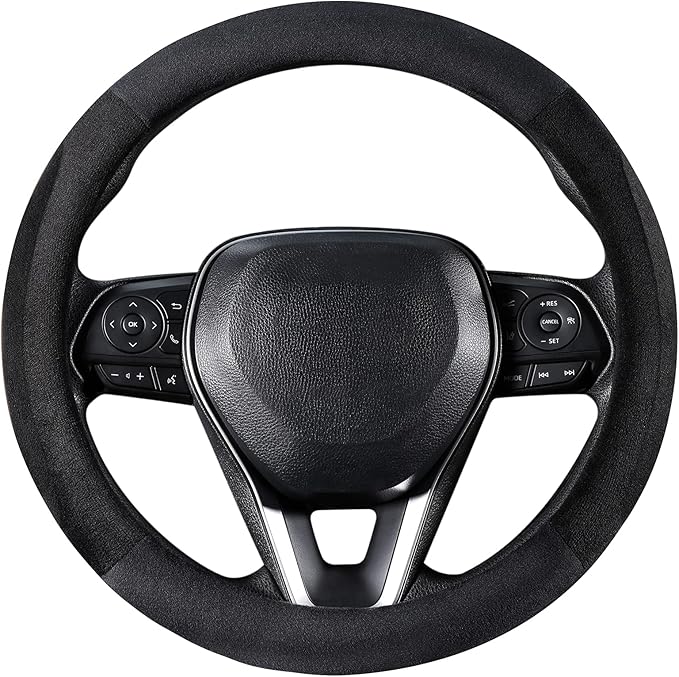 SEG Direct Steering Wheel Cover for Car, Standard Size 14.5-15 inch, Auto Interior Accessories, Plush Warm Velvet, Summer Winter, Black