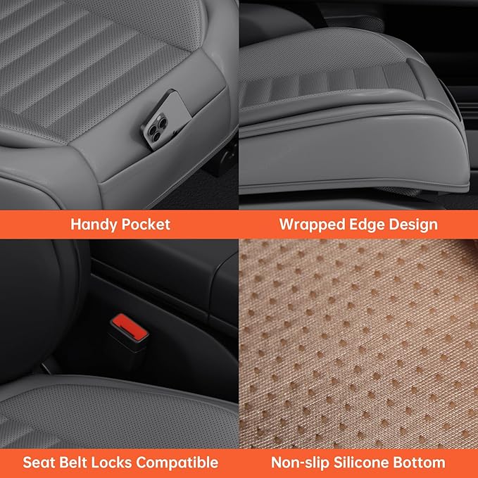 2 Pack Car Bottom Seat Covers, Luxury Leather Front Seat Covers, Breathable and Waterproof Automotive Bottom Seat Covers, Universal Anti-Slip Seat Covers Fit for Most Vehicles (Gray, 2 PCS)