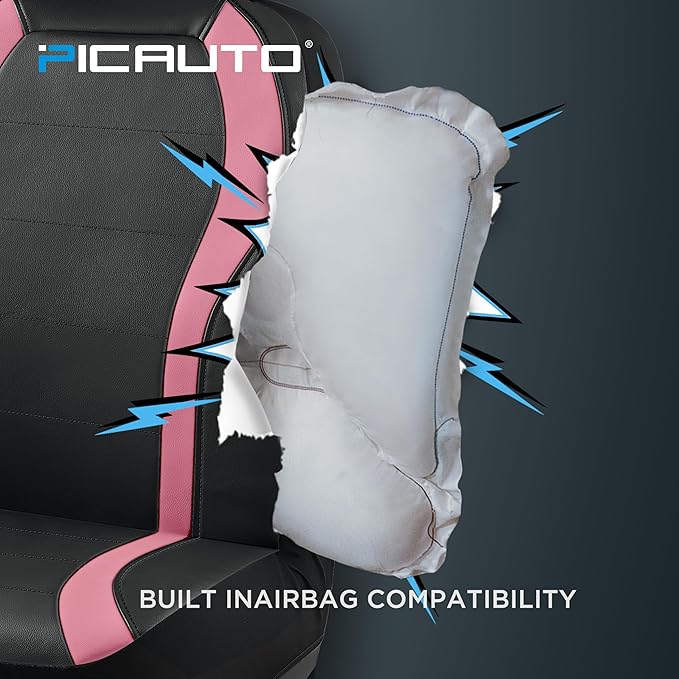 PIC AUTO Leather Car Seat Covers, Premium Automotive Waterproof Two Front Bucket Car Seat Protectors, Black and Pink PVC Patchwork, Fits for Cars, Trucks, Van, SUV, Airbag Compatible