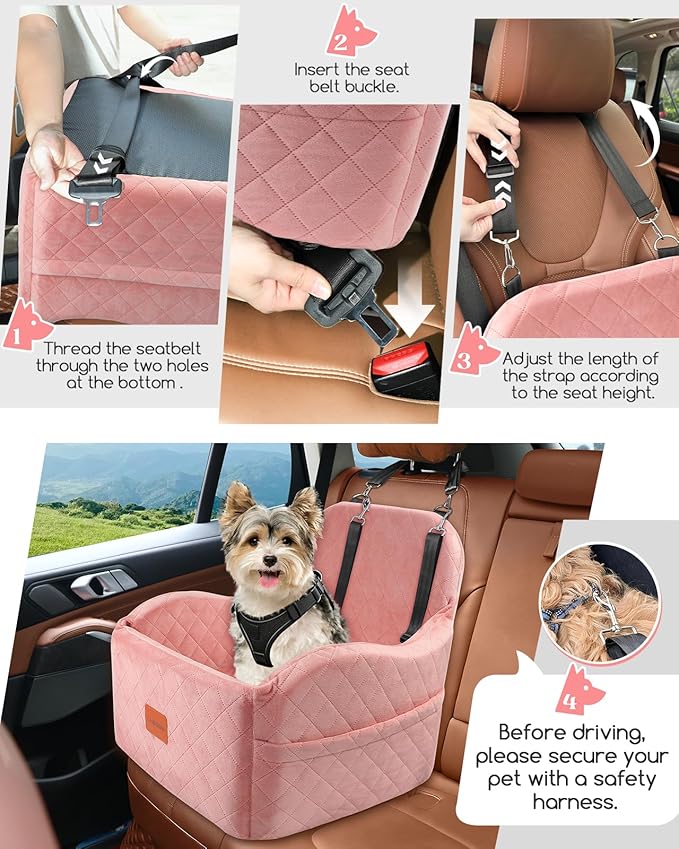 Dog Booster Car Seat for Small/Medium Dogs,Soft Puppy Portable Car Seat with Elevated Cushion,Fits in Front/Back Seat,Fully Detachable and Washable,Easy to Install (Pink, Medium)
