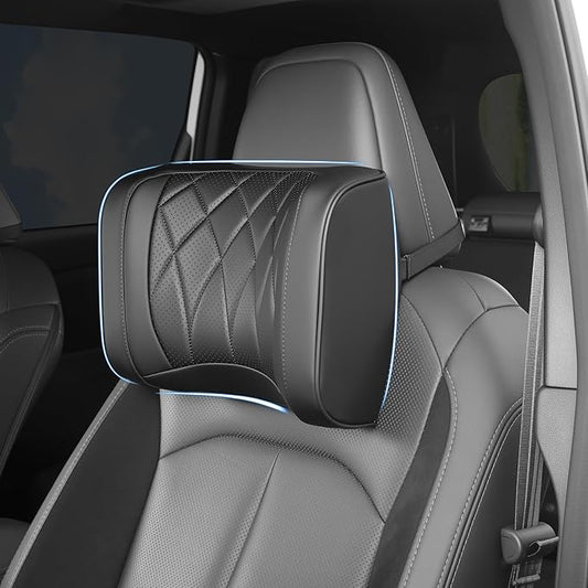 Car Headrest Pillow U-Shaped, Memory Foam Head Neck Support Cushion for Driving, Leather Head Rest Travel Pillows for Sleeping, Breathable Removable Cover, Black, 1 Pack