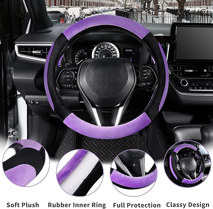 SEG Direct Steering Wheel Cover for Car, Standard Size 14.5-15 inch, Auto Interior Accessories, Plush Warm Velvet, Summer Winter, Purple