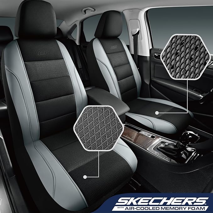 Skechers Men’s Air-Cooled Seat Covers, Memory Foam Car Seat Covers Front Seats, Airbag Compatible,Universal Fit for Most Cars, SUVs, Vans and Trucks,Grey