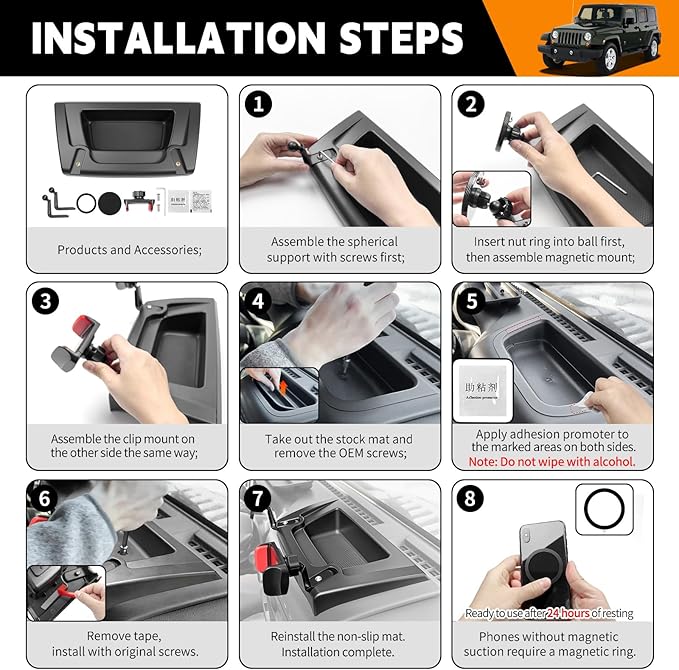 Dashboard Phone Holder Compatible with 2011-2017 Jeep Wrangler JK JKU Center Console Organizer Dashboard Phone Multi-Mount Kit for Wrangler JK Accessories(JK 2011-2017)