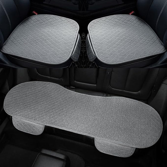 3 PCS Linen Car Seat Covers with Storage Pocket, Back Seat Covers Protectors with Non-Slip, Breathable Bench Seat Covers Universal Fit for SUVs, Cars, Trucks (Light Grey)