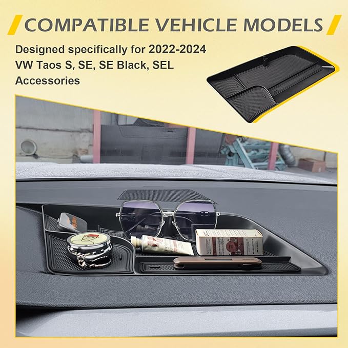 Dashboard Organizer Compatible with Volkswagen Taos 2022 2023 2024 Interior Accessories, 2022-2024 Taos Dash Insert Compartment Mounted Tray Sunglasses Tissue Holder with Rubber Mat, Black ABS