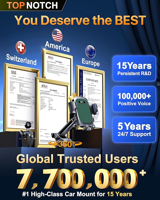 HTU 2026 Ultimate Best【True Military-Grade & Safety Cert】Car Phone Holder【Upgraded 360 Rotation & 100+LBS Strongest Suction】5-in-1 Truck Windshield Dashboard Vent Mount Stand for iPhone Android, Green