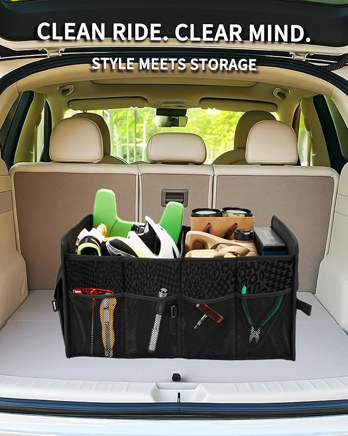 Sturdy Car Trunk Organizer – Large Capacity Trunk Organizer for SUVs & Sedans, Hard-Shell One-Piece Design with Cute Print, Collapsible and Durable Car Organizers (Black Leopard 70L)