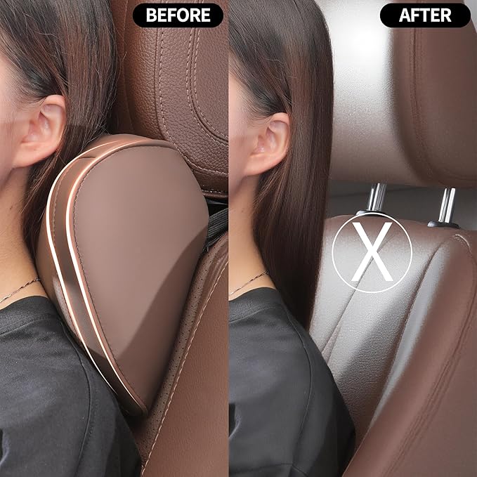 Car Headrest Pillow Memory Foam Breathable Removable Leather Cover Premium Seat Support Head Neck Cushion for Driving Traveling Home Office, Brown, 2 Pack