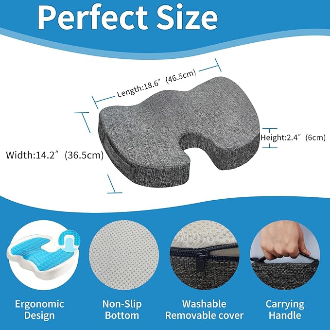 Seat Cushion for Long Sitting, Cooling Gel Memory Foam Seat Cushion - Back, Sciatica, Coccyx, Tailbone Pain Relief - for Office Chairs, Car Seat, Wheelchair Sitting Cushion (Grey)