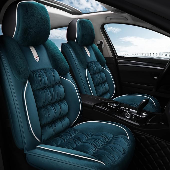 AOOG Fuzzy Car Seat Covers, Heated Bench Back Cushion Protector for Cars SUV Trucks(Full Set,Green)