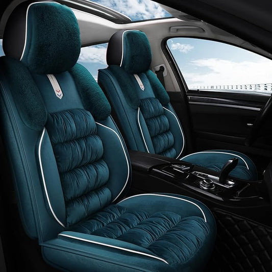 AOOG Fuzzy Car Seat Covers, Heated Bench Back Cushion Protector for Cars SUV Trucks(Full Set,Green)