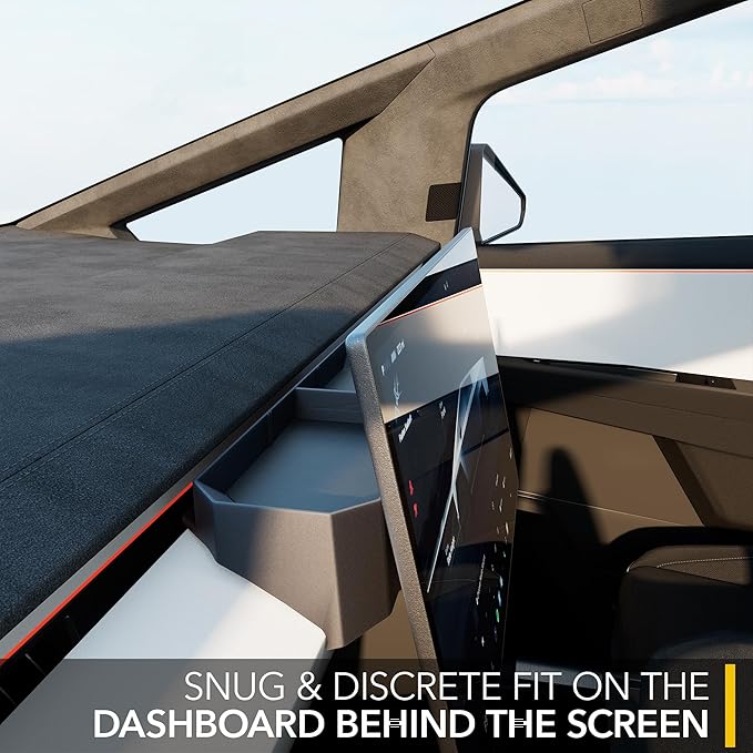 TWRAPS Behind Screen Storage for Tesla Cybertruck 2024/2025/2026, Long Tray - Hidden Dashboard Interior Organizer with Premium Leather Inserts, No Melt ABS, Cyber Truck Accessories and Sunglasses