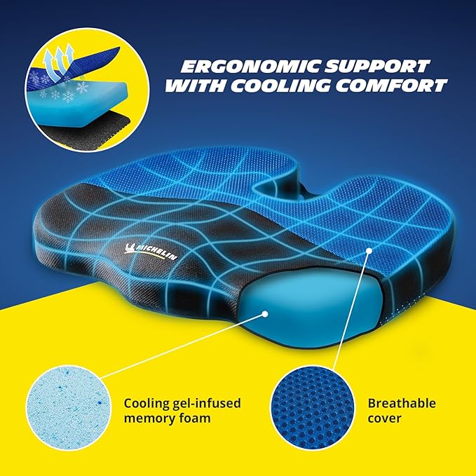 MICHELIN Memory Foam Seat Cushion 2-Pack - Gel Infused for Cooling Comfort, Orthopedic Ergonomic Support for Office Chair, Car Seat, Home, Travel - Breathable Mesh Cover with Portable Handle
