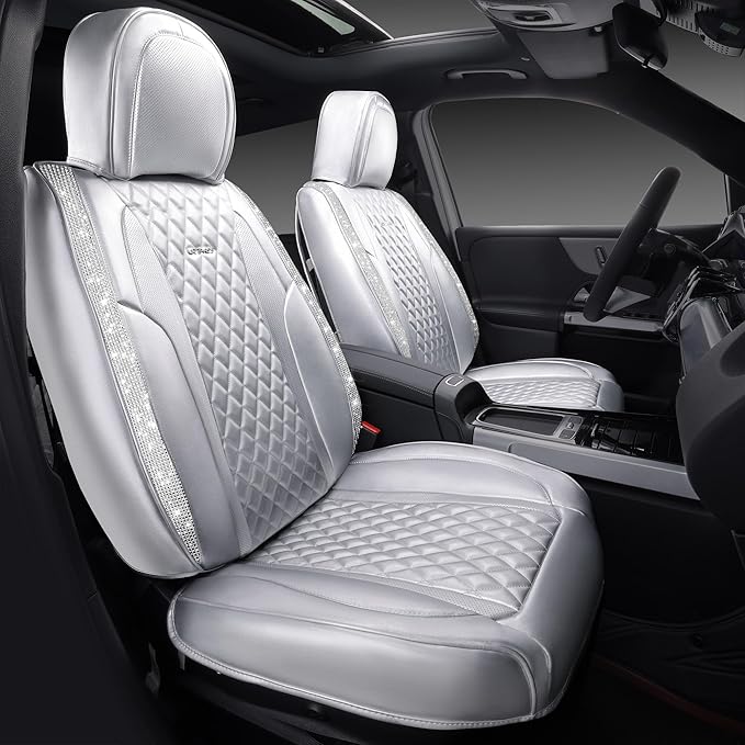 CAR PASS Nappa Leather Car Seat Covers for Full Set Bling Silver Diamond Universal Luxury Cushion, Waterproof Anti-Slip Seat Protector Fit for Women SUV Sedan Sparkly Glitter Crystal White Rhinestone