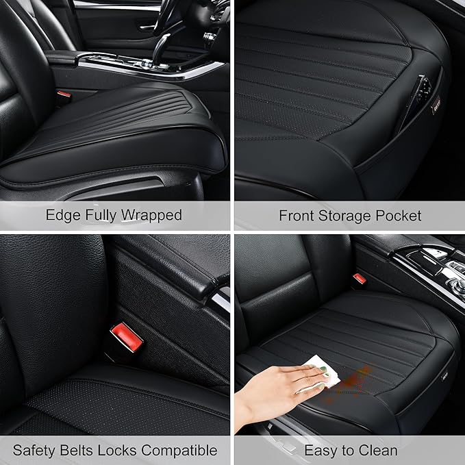 Black Car Seat Cover 2 Pack, Universal Leather Front Seat Covers Bottom Protector, Anti-Slip and Full Wrapping Edge Compatible with Most of Vehicles - SUVs/Sedans/Pickup Trucks