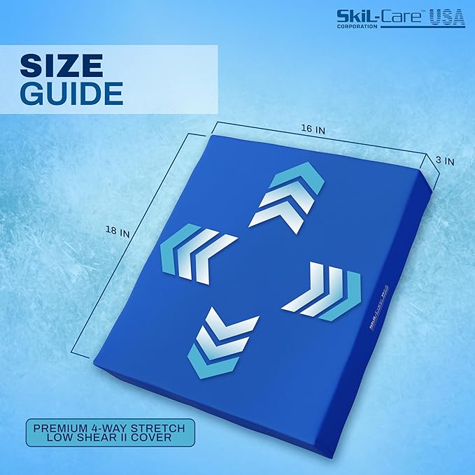 Skil-Care Premium Gel-Foam Cushion, 18" W x 16" D x 3" H, Dual-Layer Foam with Gel Core for Pressure Relief, 4-Way Stretch Low Shear Cover, Ideal for Wheelchairs and Chairs, 751384