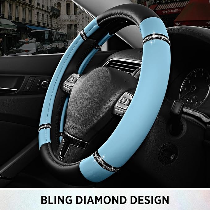 Road Comfort Leather Steering Wheel Cover – Premium Anti-Slip Car Steering Wheel Grip Cover – Universal Fit for 14.5”–15.5” Cars, Trucks & SUVs - Blue