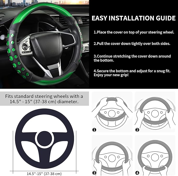 PU Leather Car Steering Wheel Cover with Anti-Slip Grip, for Women and Men, Universal Fit for 14.5-15 Inch Cars, Trucks, SUVs (Green (Round), Medium(Standard) Size[14 1/2''-15''])