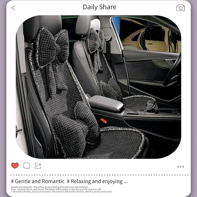 2-Pack Cute Bow Car Headrest Pillow Unique French-Inspired Bouclé Fabric Neck Support Cushion for Women Fits Most Cars (Black)