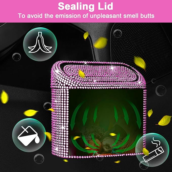 Accmor Bling Car Trash Can with Lid, Vehicle Trash Bin Car Dustbin Garbage Organizer Storage, Sparkling Crystal Mini Auto Trash Bags Holder Container with 30pcs Garbage Bags for Cars, SUV, Truck