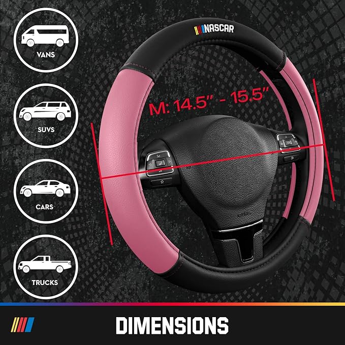 NASCAR Steering Wheel Cover, Two-Tone Pink Leather Patchwork, Universal Fit 14.5"-15.5" Steering Covers for Cars, Anti-Slip, Soft Grip, Odor-Free, Trucks & SUVs, Racing Style Interior Upgrade