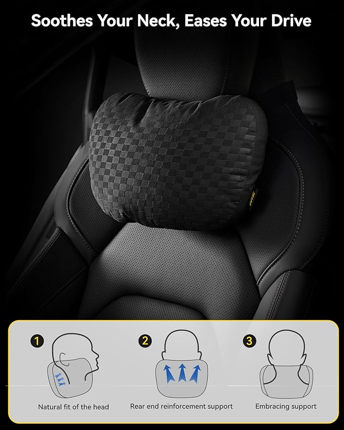 3W Headrest Pillow for Driving with Bio-Fleece Filling, Breathable Suede Cover, Ergonomic Design for Pain Relief, Cushion with Adjustable Strap for Car Automative, Black