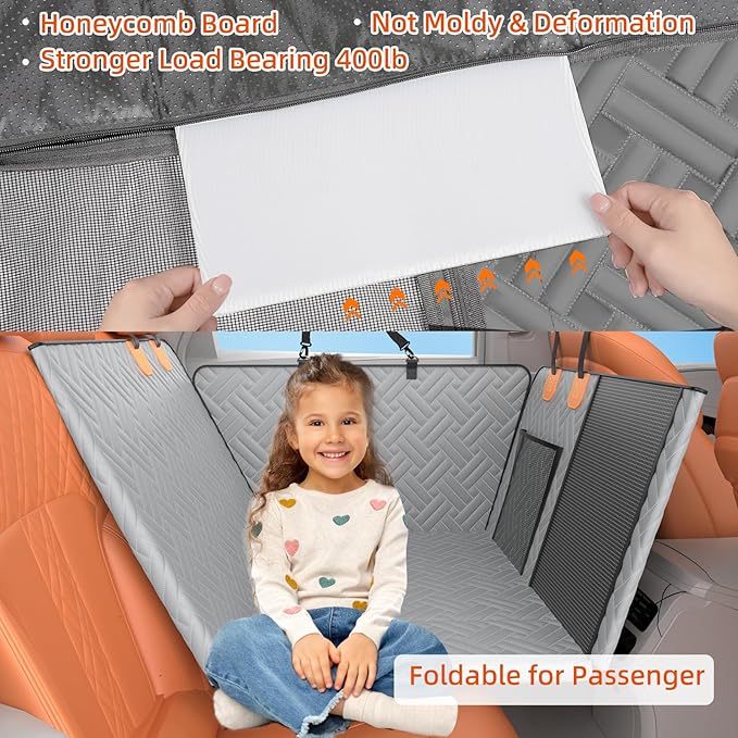 Back Seat Extender for Dogs,Hard Bottom Car Seat Cover for Dogs with Mesh Window,Waterproof Backseat Pet Cover Hard Bottom-Dog Car Seat Cover for Back Seat Dog Hammock for Car/SUV (L-Grey)