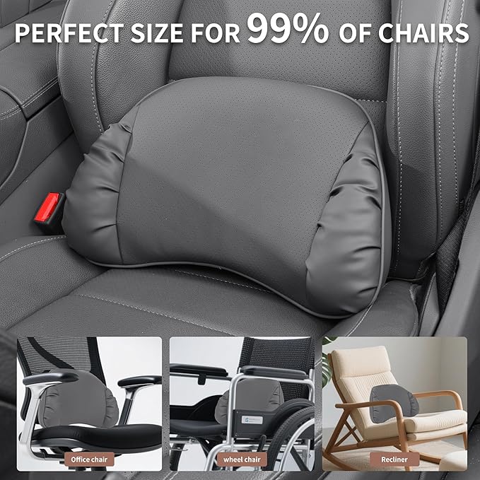 Lumbar Support Pillow for Car Seat, Memory Foam Leather Lumbar Pillow for Lower Back Pain Relief - Back Cushion for Driving - Chair Support for Office Chair, Gaming Chair, Gray, 1 Pack