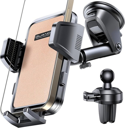 [2025 New] Dashboard Phone Holders for Your Car (+Air Vent Clip) [Military Grade Stable] , Car Cell Phone Holder, Rotatable Suction Cup Car Phone Mount for All Phone (Champagne)