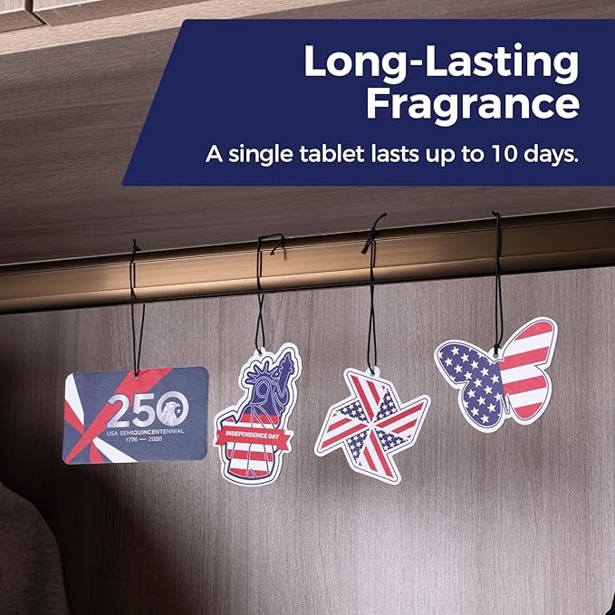 12Pcs America 250th Anniversary Independence Car Air Freshener Hanging American Flag Provides Long-Lasting Fragrance For Cars And Homes Black Ice, Berries, Ocean, New Car, Air Freshener