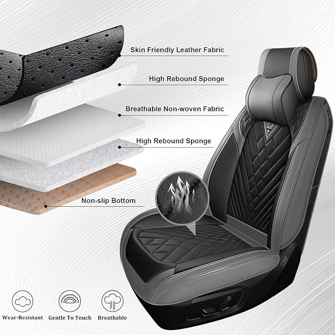 Front Set Car Seat Covers for Ford F-150 F-250 F-350 XL XLT STX Lariat King Ranch Platinum Raptor Waterproof Seat Covers 2009-2025, Anti-Slip Seat Protectors(Luxury 2 Seats/Gray Black)