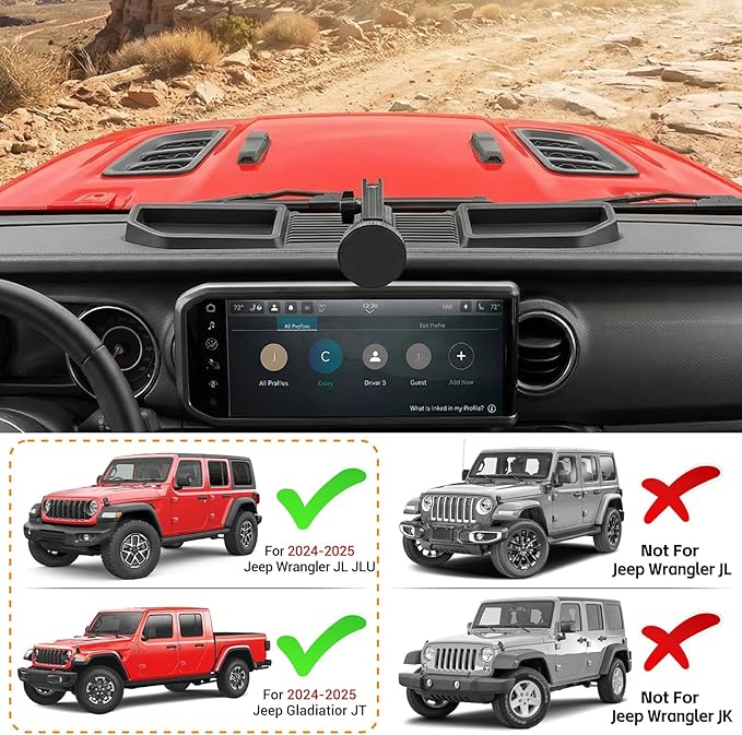Dashboard Phone Holder Compatible with 2024-2025 Jeep Wrangler JL JLU&Gladiator JT Center Console Organizer Dashboard Phone Multi-Mount Kit for Wrangler 4X4 Accessories(JL/JT 4X4 2024-2025)