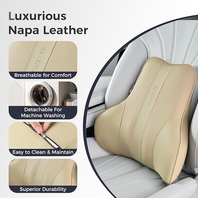 Coverado Lumbar Support Pillow for Car, Ergonomic Memory Foam Back Pillow for Office Chair, New Back Cushion for Pain Relief, PU Leather Car Lumbar Support for Driving Seat