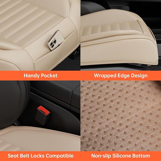 2 Pack Car Bottom Seat Covers, Luxury Leather Front Seat Covers, Breathable and Waterproof Automotive Bottom Seat Covers, Universal Anti-Slip Seat Covers Fit for Most Vehicles (Beige, 2 PCS)
