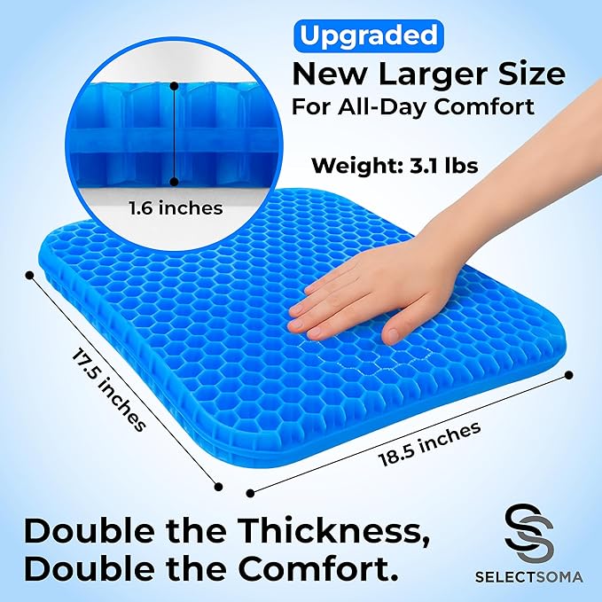 SelectSoma Super Large Gel Seat Cushion for Long Sitting - 18.5" x 17.5" - Breathable Cooling Design - Pressure Relief for Sciatica, Tailbone & Back - Office Chair, Wheelchair, Car & Truck Cushion