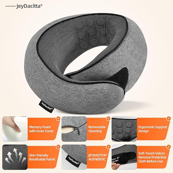 Premium Travel Pillow, Upgraded Memory Foam Neck Pillow, 360° Ergonomic Design Airplane Pillow Travel Pillows for Airplanes, Cars, Offices, Home Use, Large (Dark Gray)