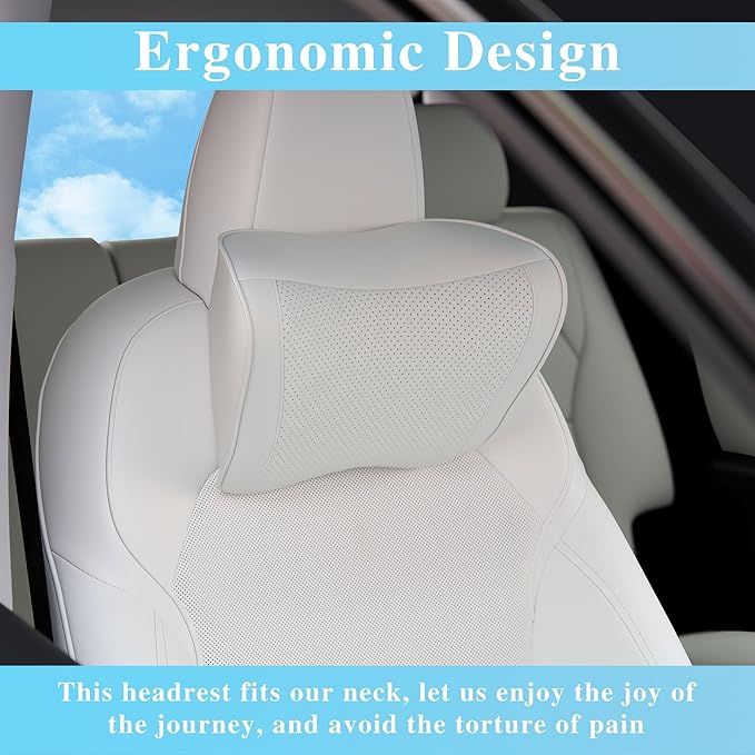 Car Headrest Pillow 100% Memory Foam, Breathable Removable Leather Cover, Premium Seat Support Head Neck Cushion for Driving Travel Home Office, White, 2 Pack