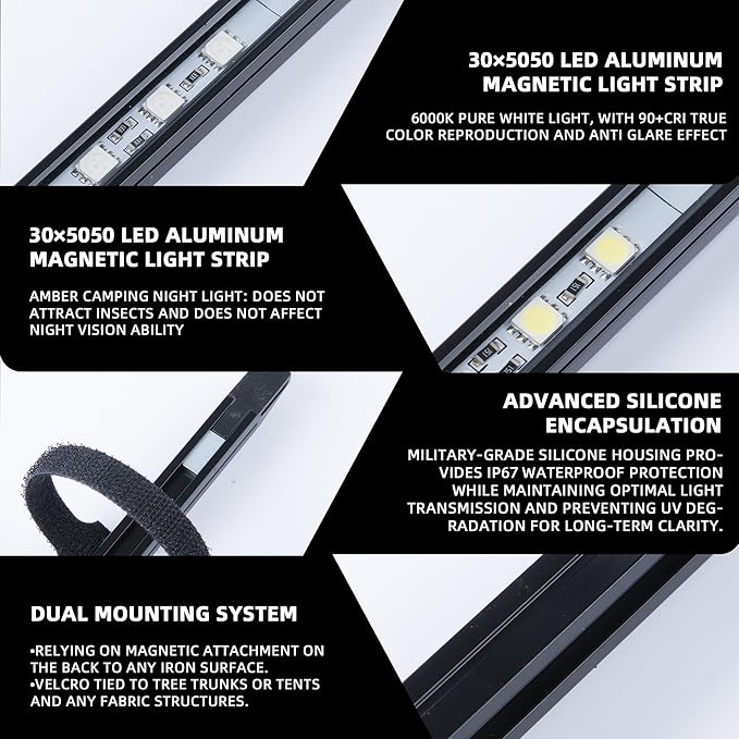 12V LED Light Bar Kit, 2 Bars White & 2 Bars Amber Adjustable Brightness RV Camping Lights - Waterproof IP67, Magnetic & Velcro Mount, Portable Lighting for Tent, Car, Trailer, Boat, Truck, Off-Road