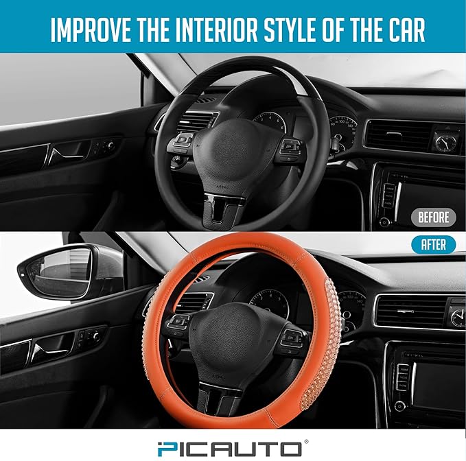 PIC AUTO Steering Wheel Cover, Glitter Gel Particles & Orange Luxury Leather Car Steering Cover, Universal Fit 14.5"-15.5" Anti-Slip Car Wheels Cover for Girls & Women