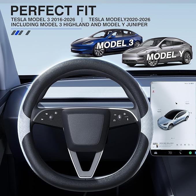 Nappa Leather Steering Wheel Cover - for Tesla Model 3/Y 2016-2025 2026 Juniper/Highland - Breathable Non-Slip Model 3/Y Steering Wheel Protector - Enhance Driving Experience and Interior Aesthetics