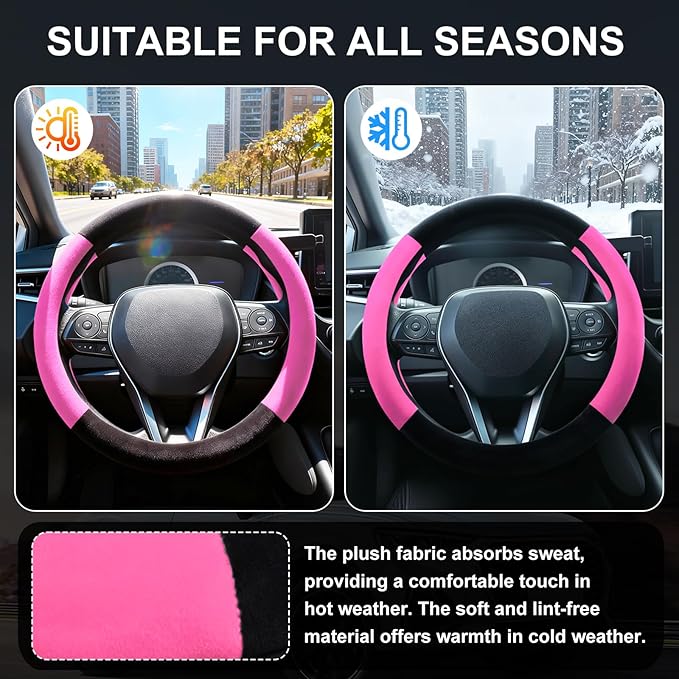 SEG Direct Steering Wheel Cover for Car, Standard Size 14.5-15 inch, Auto Interior Accessories, Warm Plush, Summer Winter, Black and Pink