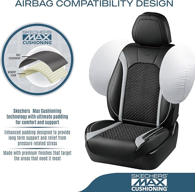 Skechers MAX Cushioning Car Seat Covers,Memory Foam Leather Seat Covers, Air Cooled Car Seat Cover Front Seats,Car Seat Cushion Airbag Universal Fit for Most Cars,Vans,Trucks,SUV,Grey