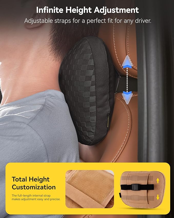 3W Headrest Pillow for Driving with Bio-Fleece Filling, Breathable Suede Cover, Ergonomic Design for Pain Relief, Cushion with Adjustable Strap for Car Automative, Black