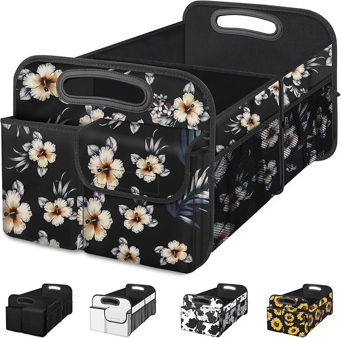 Femuar Car Trunk Organizer, Car Storage Organizer with Large Capacity Waterproof Collapsible Trunk Organizer for Car Suv/Jeep/Sedan (Hibiscus flowers, Standard)