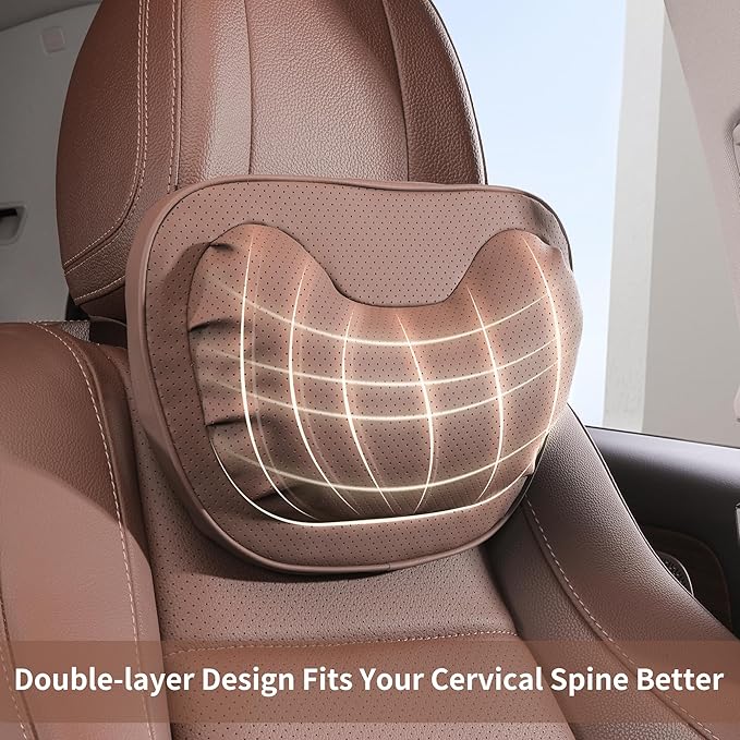 Car Neck Pillow [No More Pressure] Soft Comfortable Premium Leather Headrest with Adjustable Strap – Ergonomic Support for Driving, Office & Gaming, Brown, 2 Pack