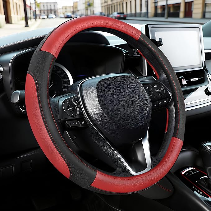 SEG Direct Car Steering Wheel Cover for F-150 Tundra Range Rover 15.5-16 inch, Black and Red Microfiber Leather