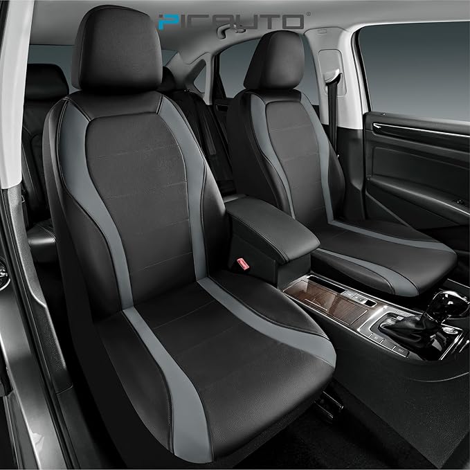 PIC AUTO Leather Car Seat Covers, Premium Automotive Waterproof Front & Rear Full Set Bucket Car Seat Protectors, Black and Gray PVC Patchwork, Fits for Cars, Trucks, Van, SUV, Airbag Compatible